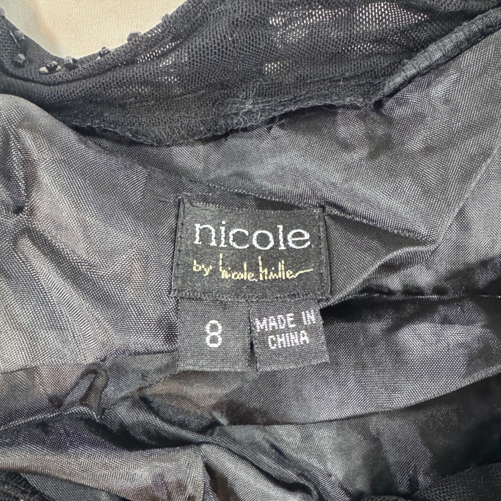 Nicole by Nicole Miller Black 100% Silk Beaded Smocked Empire Waist Dress Size 8