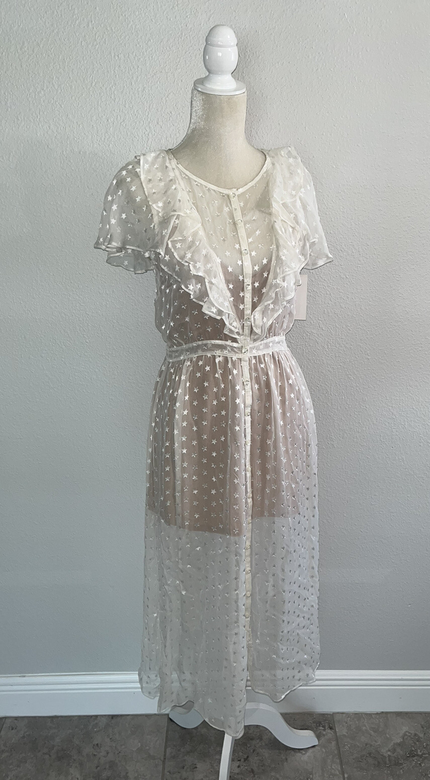 FOR LOVE AND LEMONS Firecracker Button Ruffle Midi Dress Cream Sheer Star S New