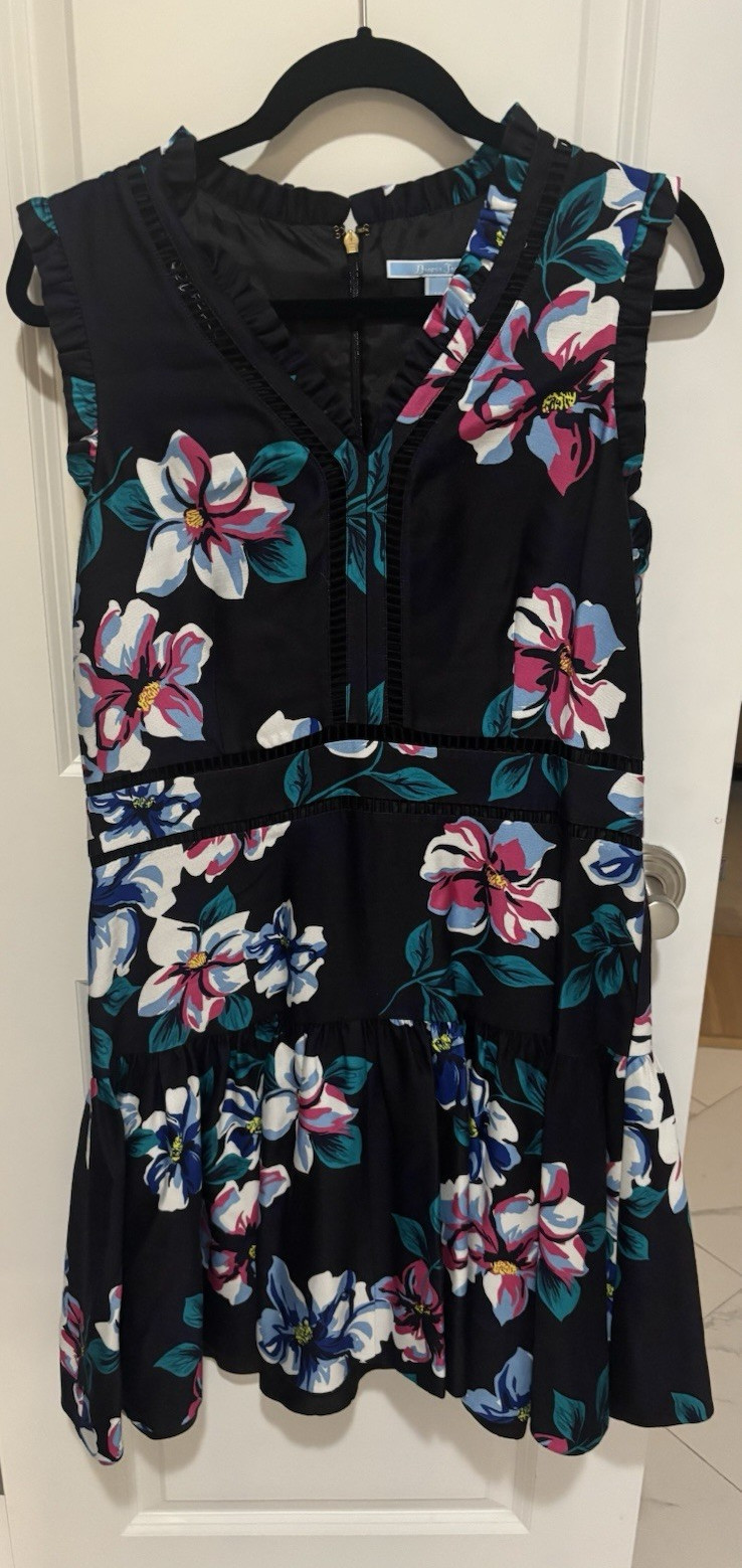 Draper James Black Floral Mini Dress Size 10 Sleeveless V-Neck Zip