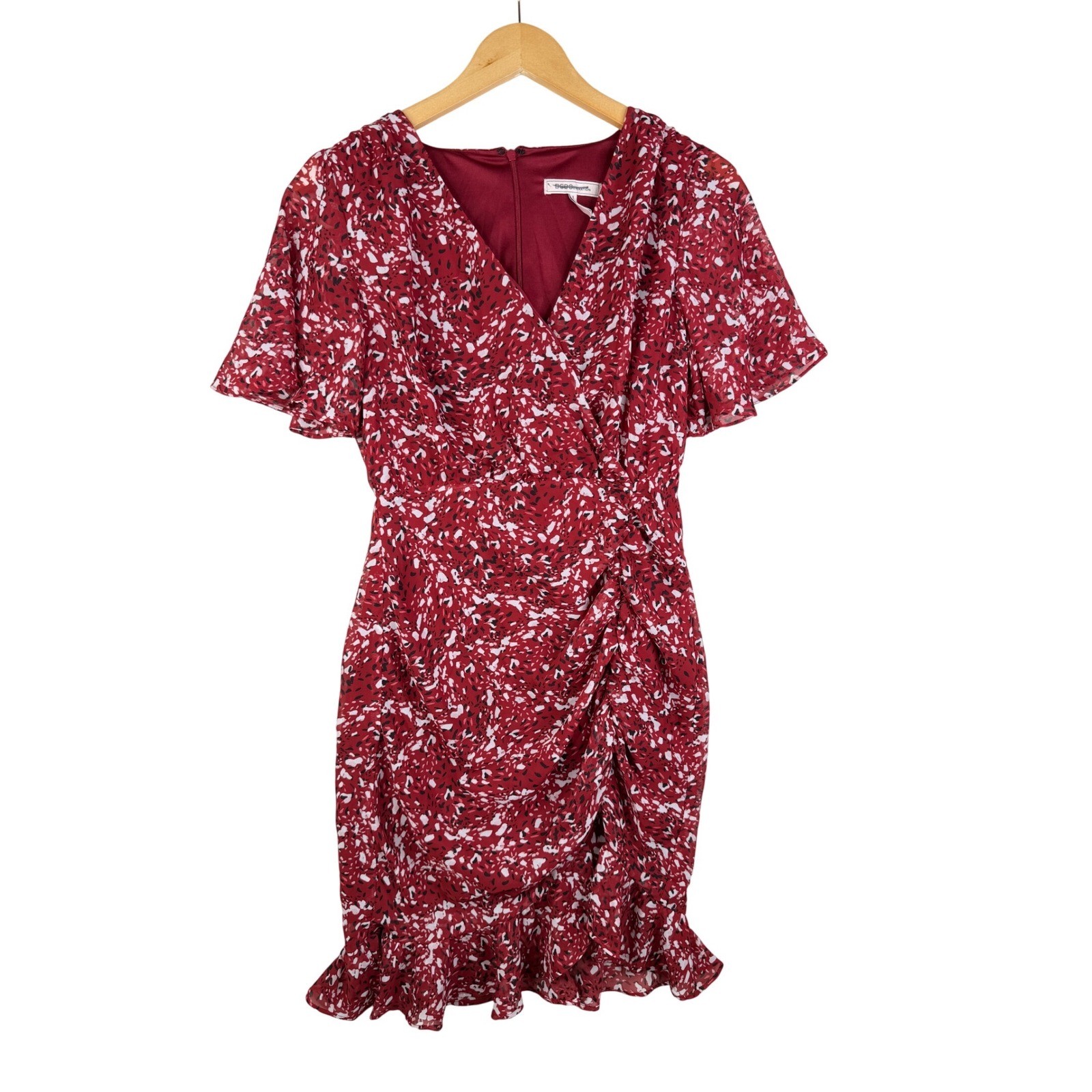 BCBGeneration Flutter Sleeve Ruched Front Ruffle Hem Dress Size 2 Red Print
