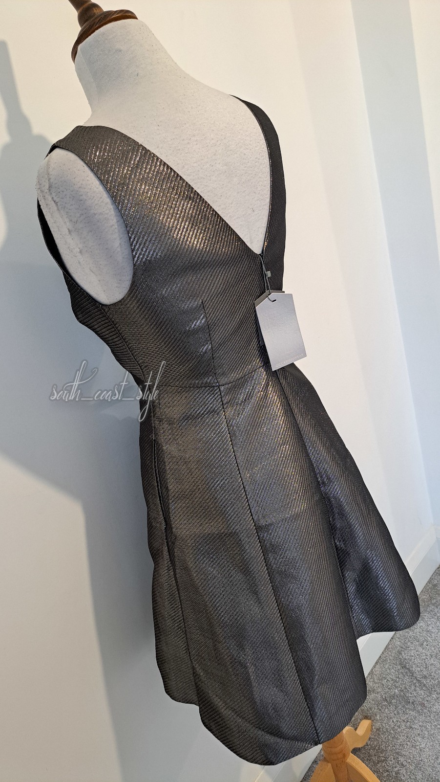 OASIS – Silver Metallic Striped Structured Fit & Flare Dress – Size 12 BNWT