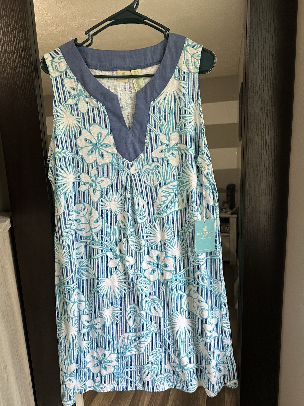 Caribbean Joe Blue Tropical Print Sleeveless Shift Dress Pockets L