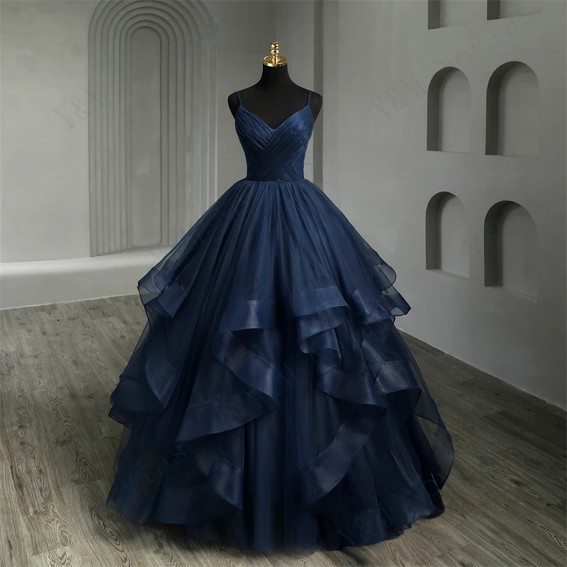 Elegant Navy Blue Quinceanera Dresses V Neck Spaghetti Straps Simple Prom Gowns