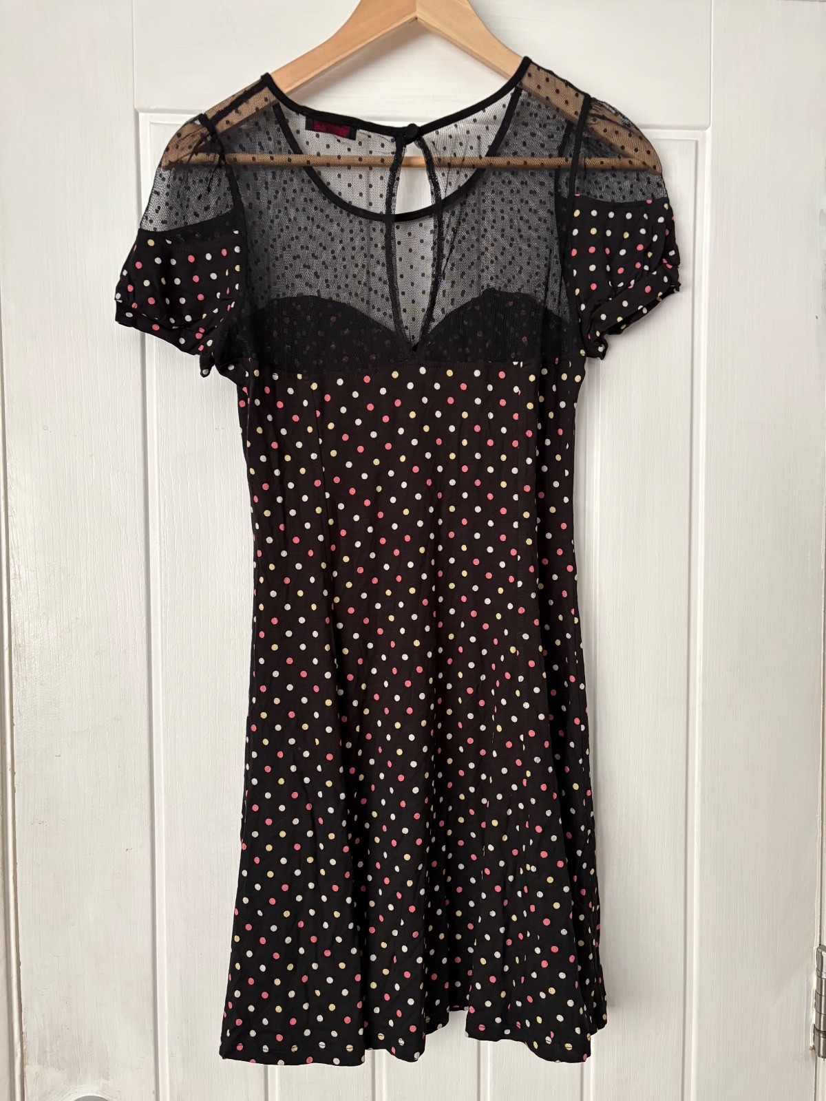 Miss Selfridge Black & Multicoloured Polka Dot Mesh Overlay Dress, UK 10
