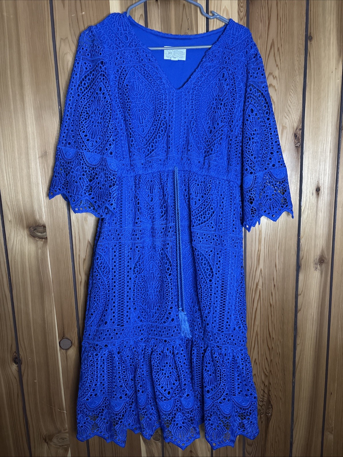 Destination 365 Cobalt Blue Eyelet Crochet Midi Dress Tassel Tie Waist Size SP