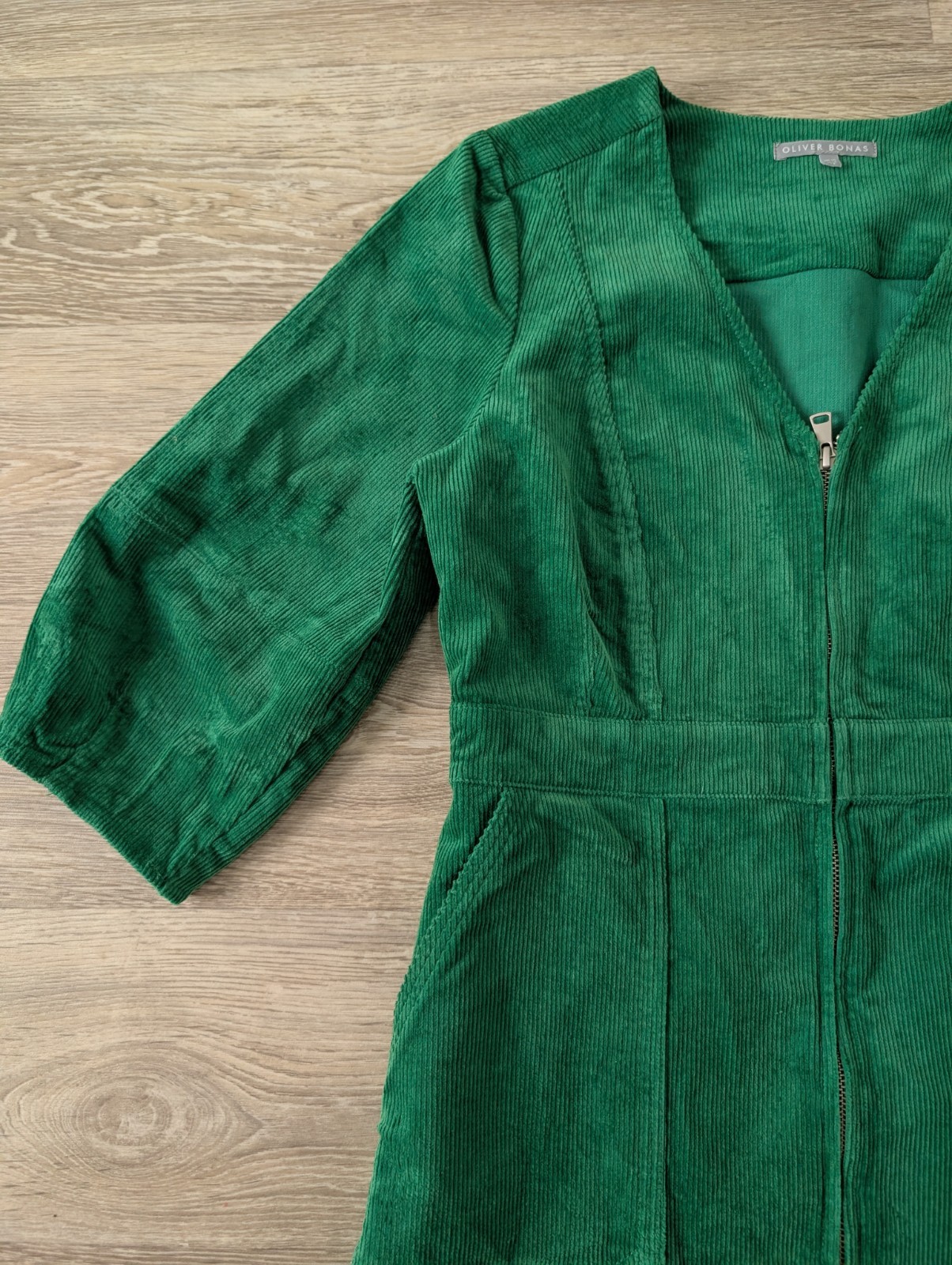 Oliver Bonas Green Corduroy V-Neck Mini Dress UK Size 10