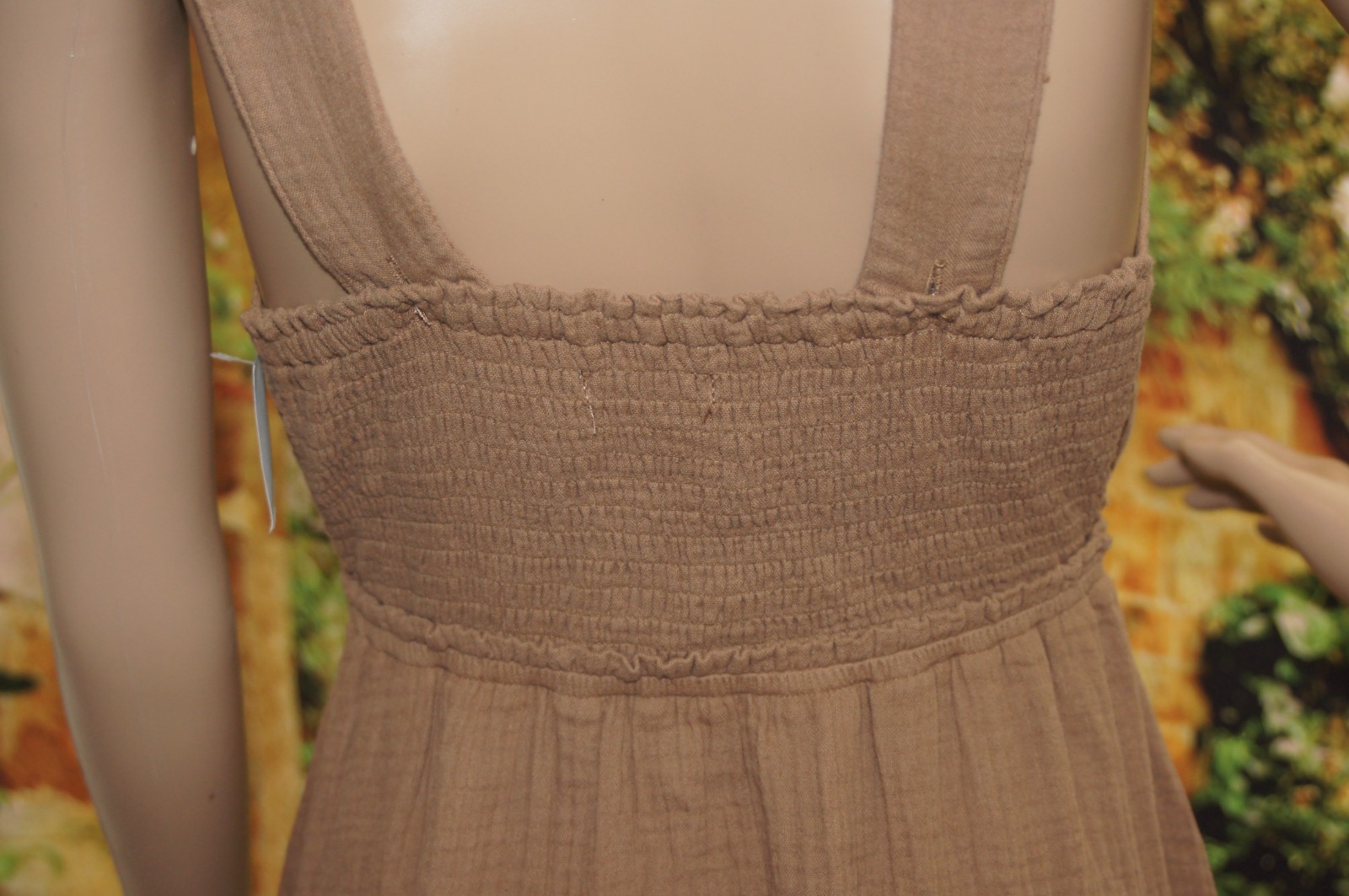 Steve Madden Amira Tiered Cotton Midi Dress Gauze Smocked Brown Tan Toast Size S