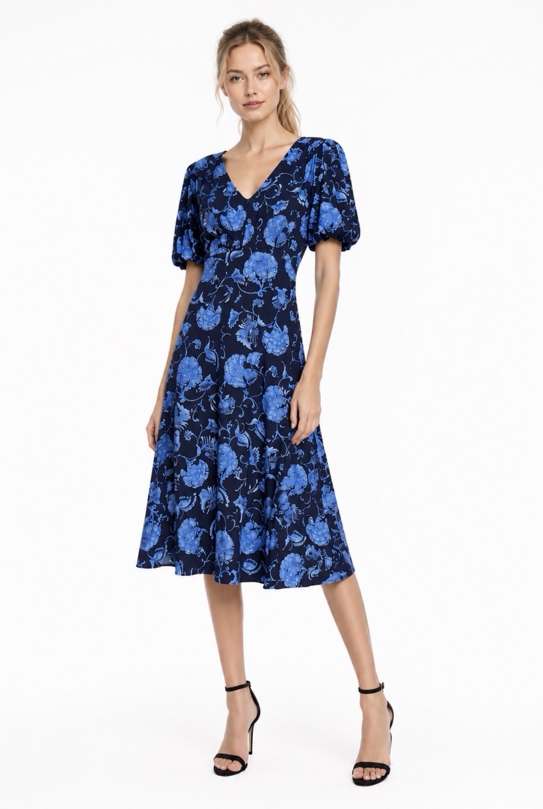 NWT Harper Rose Navy Floral Midi Dress 4 Puff Sleeve Cottagecore Romantic Soft
