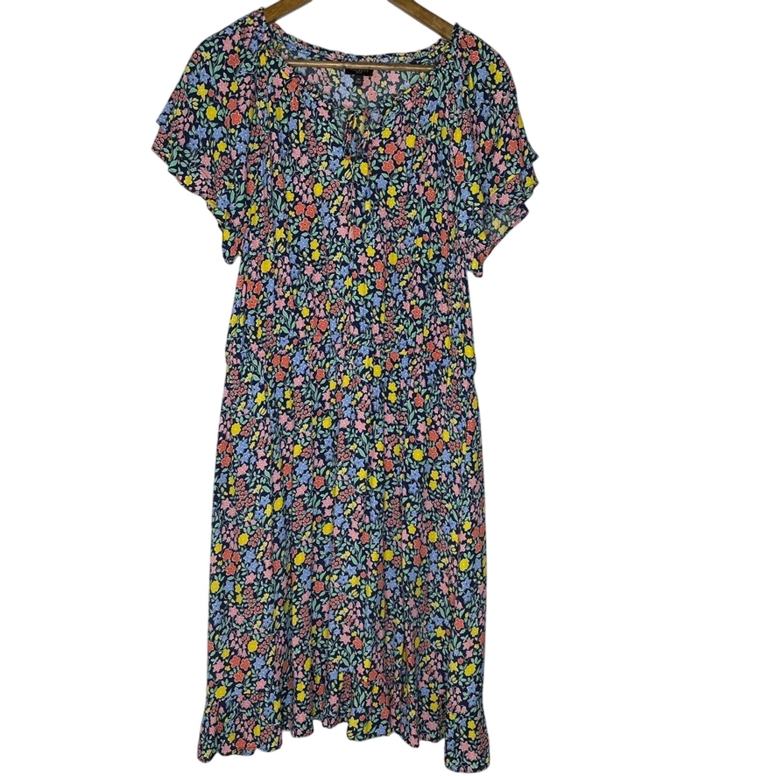 Talbots Petite Floral Midi Dress 14P Navy Short Sleeve Cottagecore Style