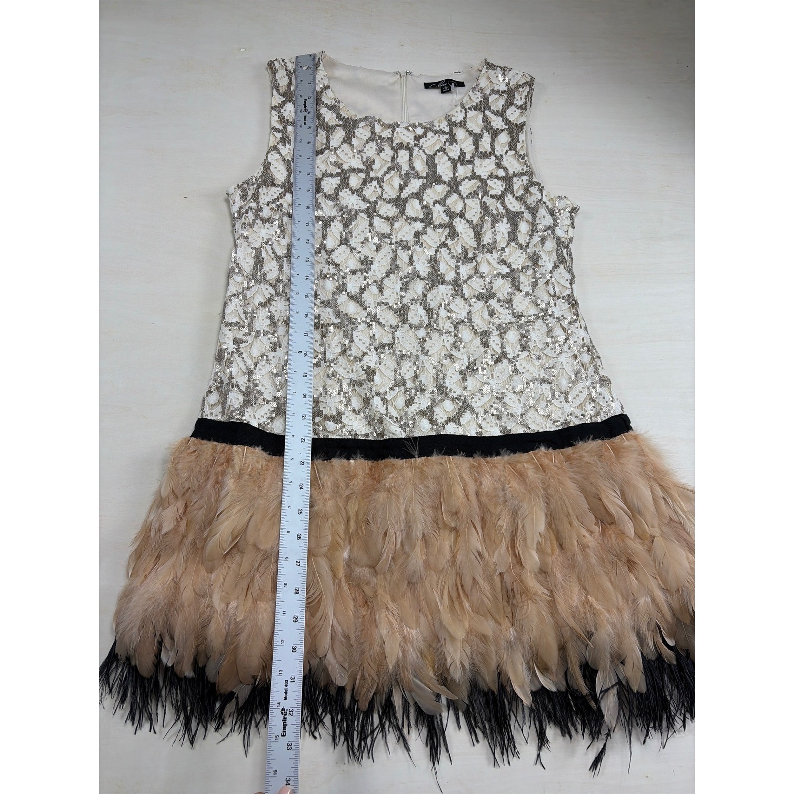 C. Luce Sequin Lace Feather Hem Mini Dress Cream Tan Black Size Large