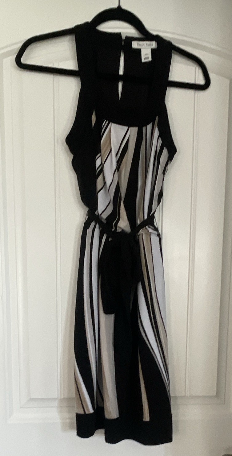 White House Black Market Black/White Striped Sheath Round Neck Sleeveless XS