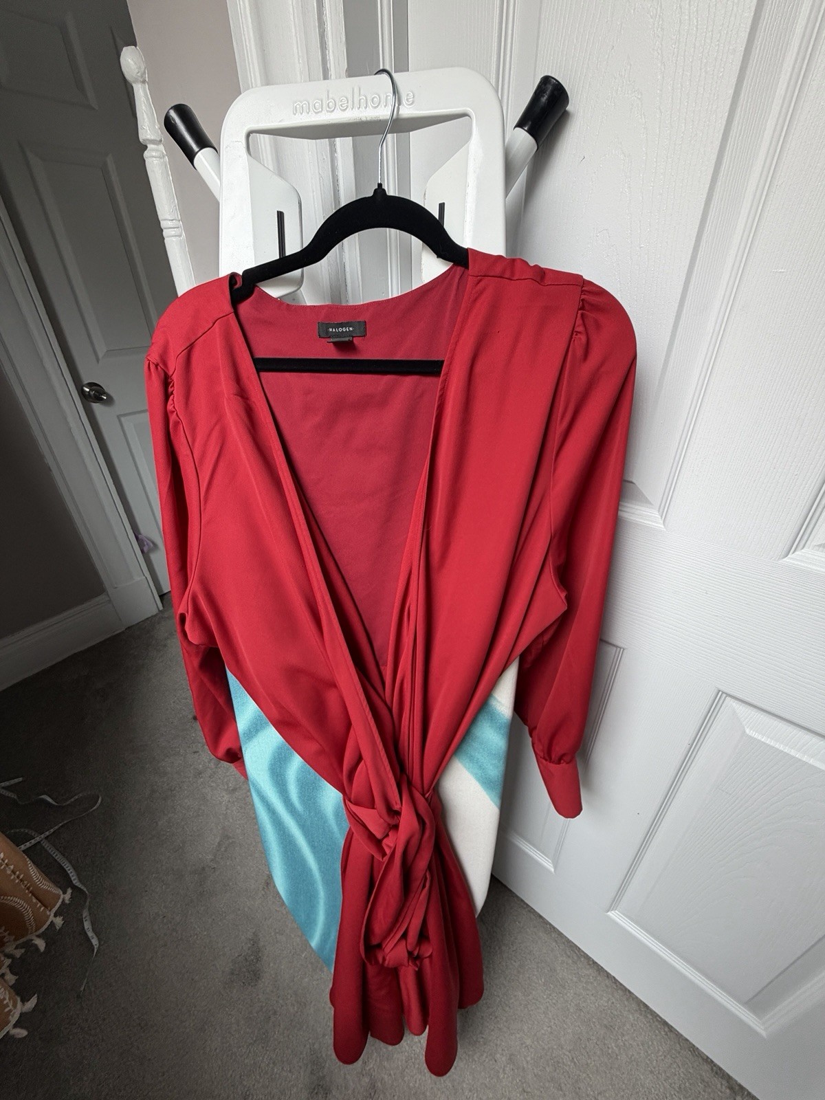 Halogen Satin Wrap Dress Size 2X Red Tie Waist Asymmetrical Cuff Sleeves Midi