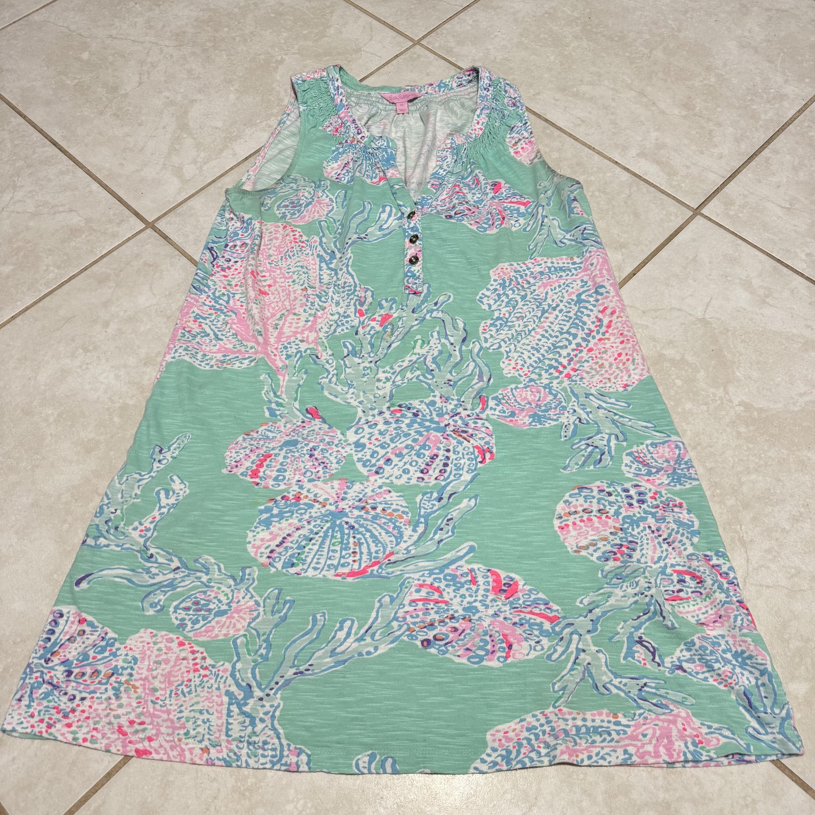 Lilly Pulitzer Dress Womens Medium Sea Life Shells Sleeveless Essie Henley Shift