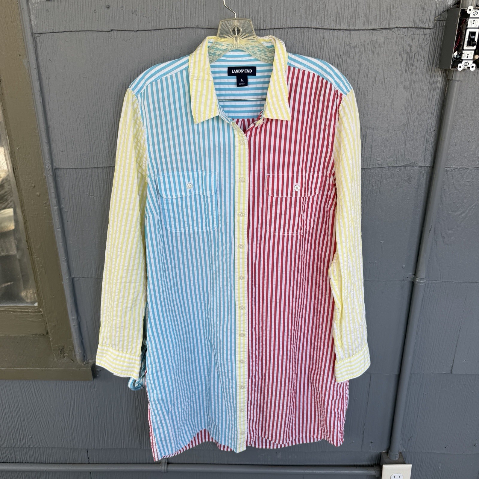 Lands End Button Up Shirt Dress Women’s L Cotton Belted Pockets Rainbow Stripe