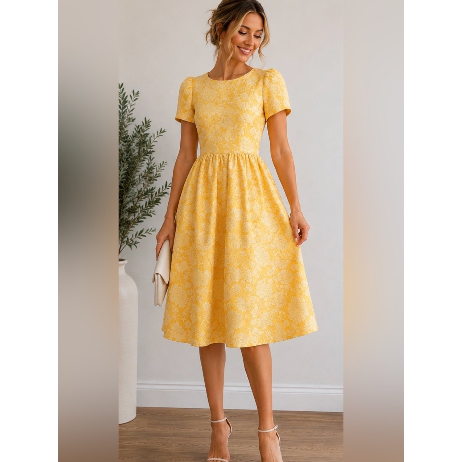 Rachel Parcell Yellow Floral Jacquard Dress XS Puff Sleeve Fit & Flare