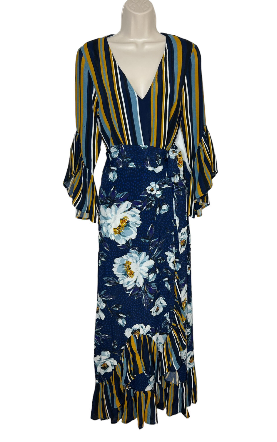Blink London Anthropologie Sz S Floral Stripe Ruffle Side Tie Maxi V Neck