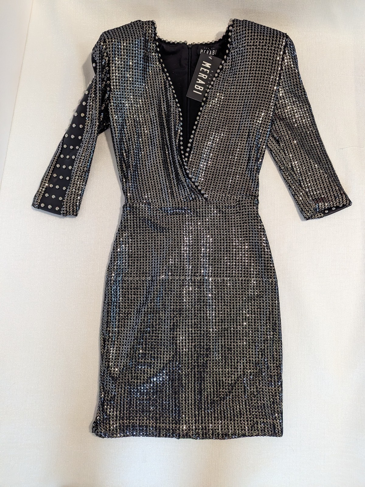 Nadine Merabi Katia Black W/Silver Sequin Mini Dress NWT Size Small