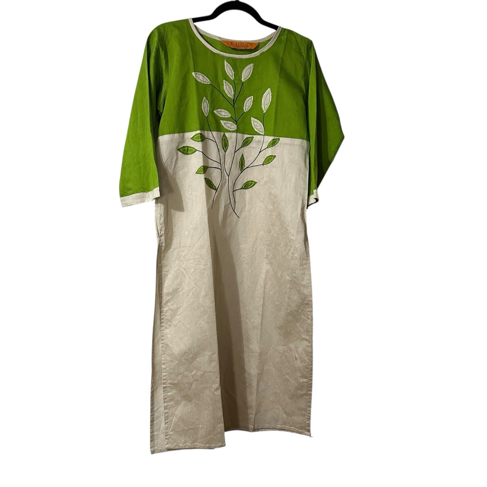 B Baaniz India Women’s Large Dress Green Tan Floral Kurta Layer Midi Natural