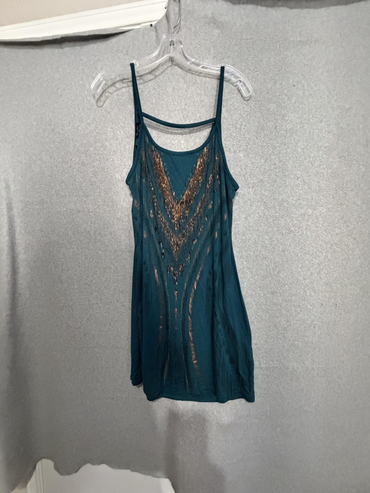 Miss Me Dress Womens M Green Beaded Chevron Slip Cowl Back Strappy Mini Jersey