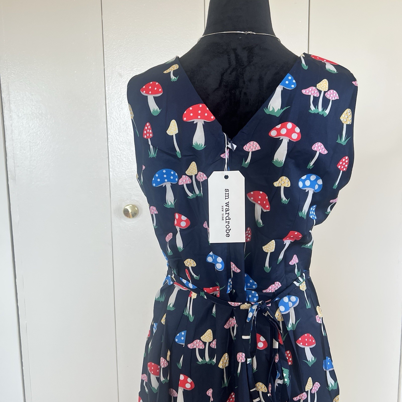 SM Wardrobe NY Navy Blue Sleeveless Mushroom Print Dress Size Small NEW!