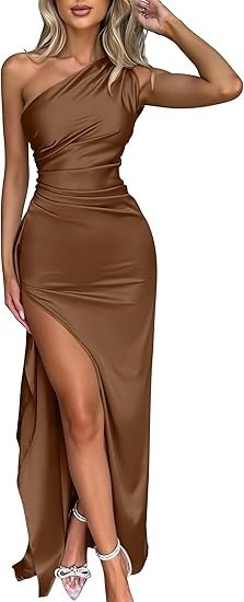 Women’s Sexy One Shoulder High Split Cocktail Wedding Party Maxi Dress