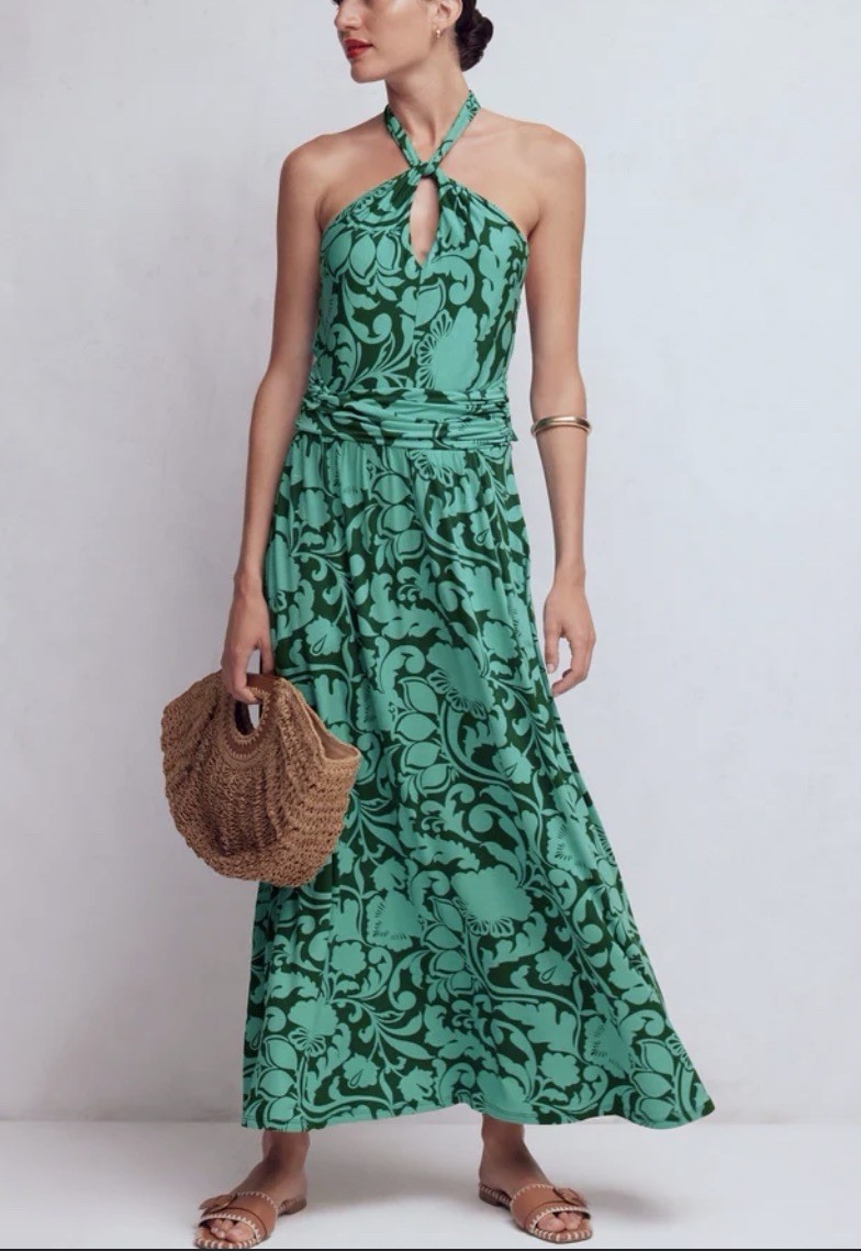 Boden Blue Black Floral Halter Tie Strap Maxi Dress Long Sleeveless US 6R