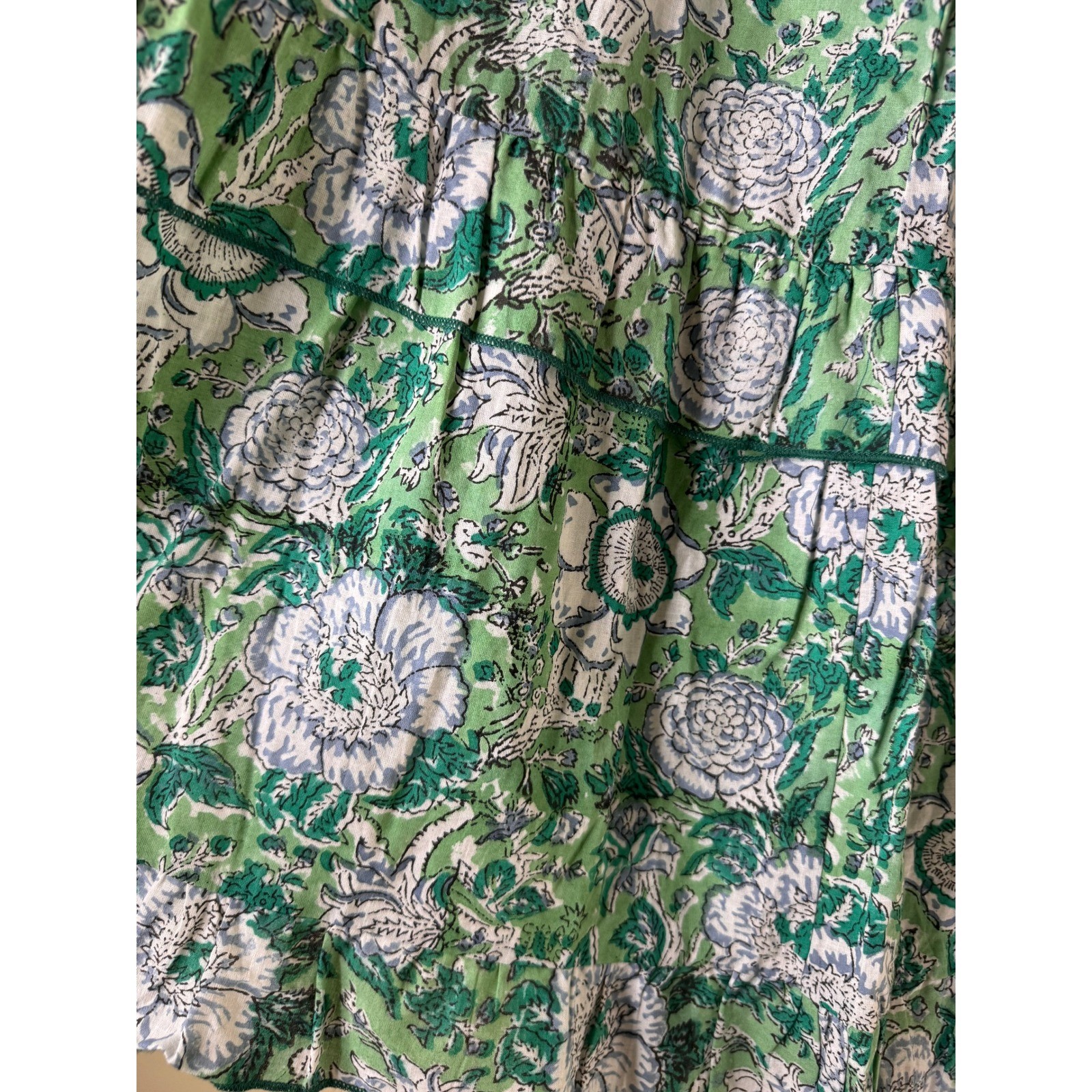Stark X Green Floral Block Print Tiered Mini Dress Tie Shoulder Boho Summer