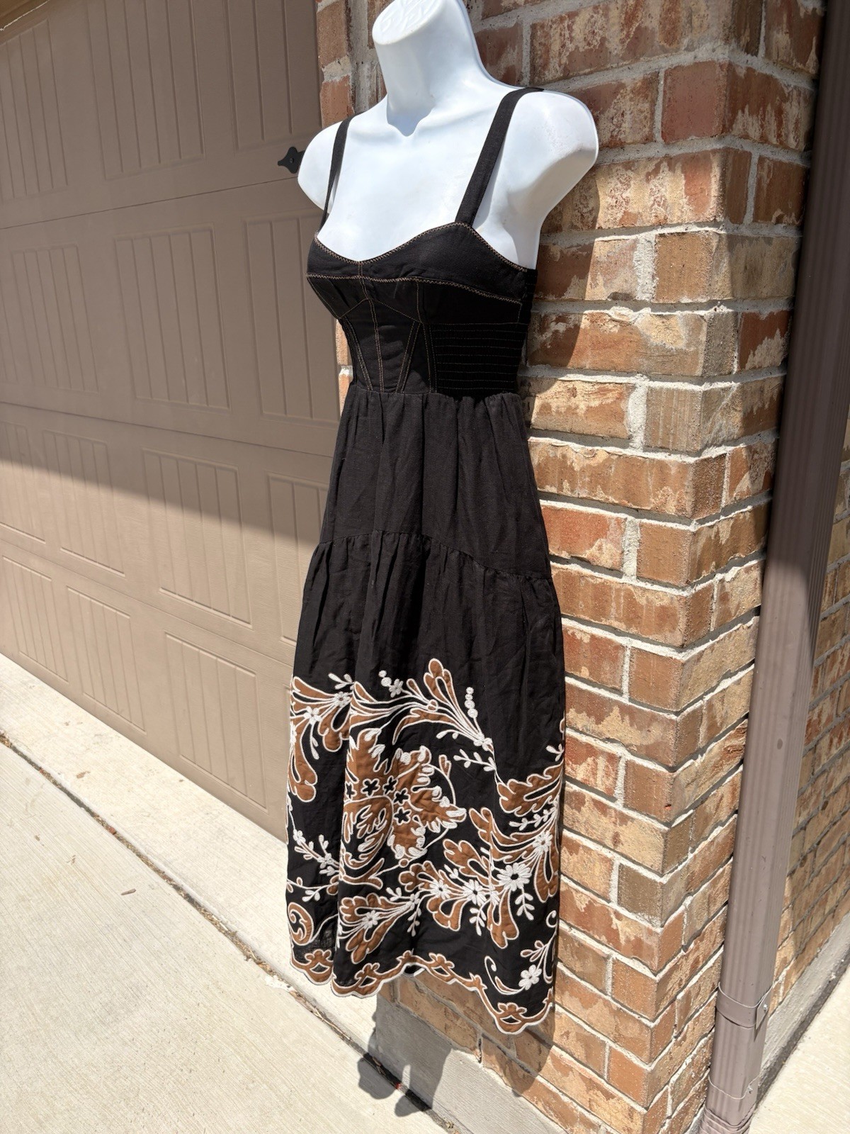 Anthropologie Black Appliqué Midi Maxi Dress with Tan Floral Embroidery size XXS