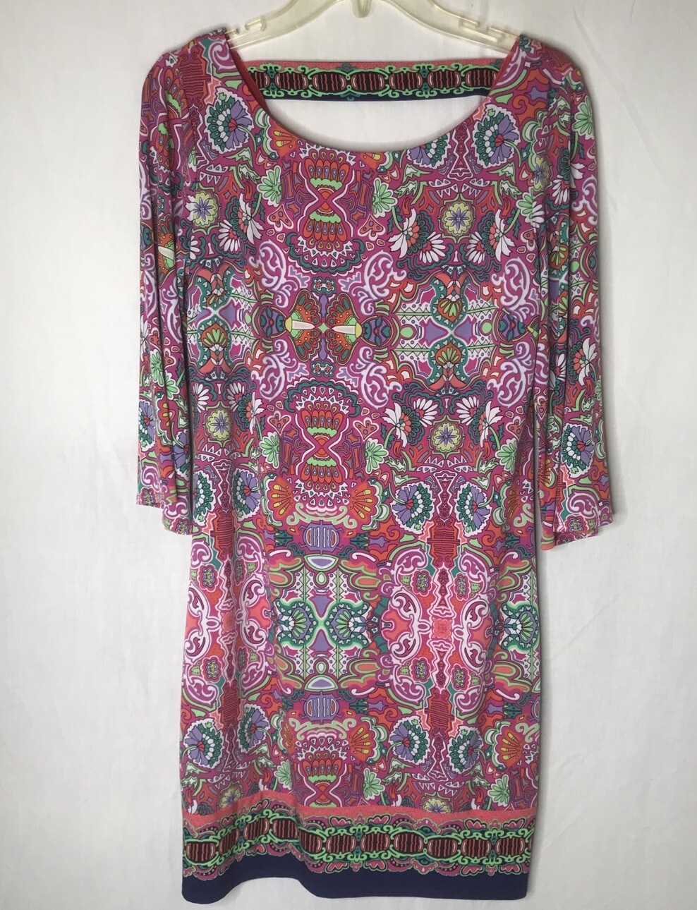 Laundry Shelli Segal Pink Dress Size S Coral Navy Print A-line Shift Bell Sleev
