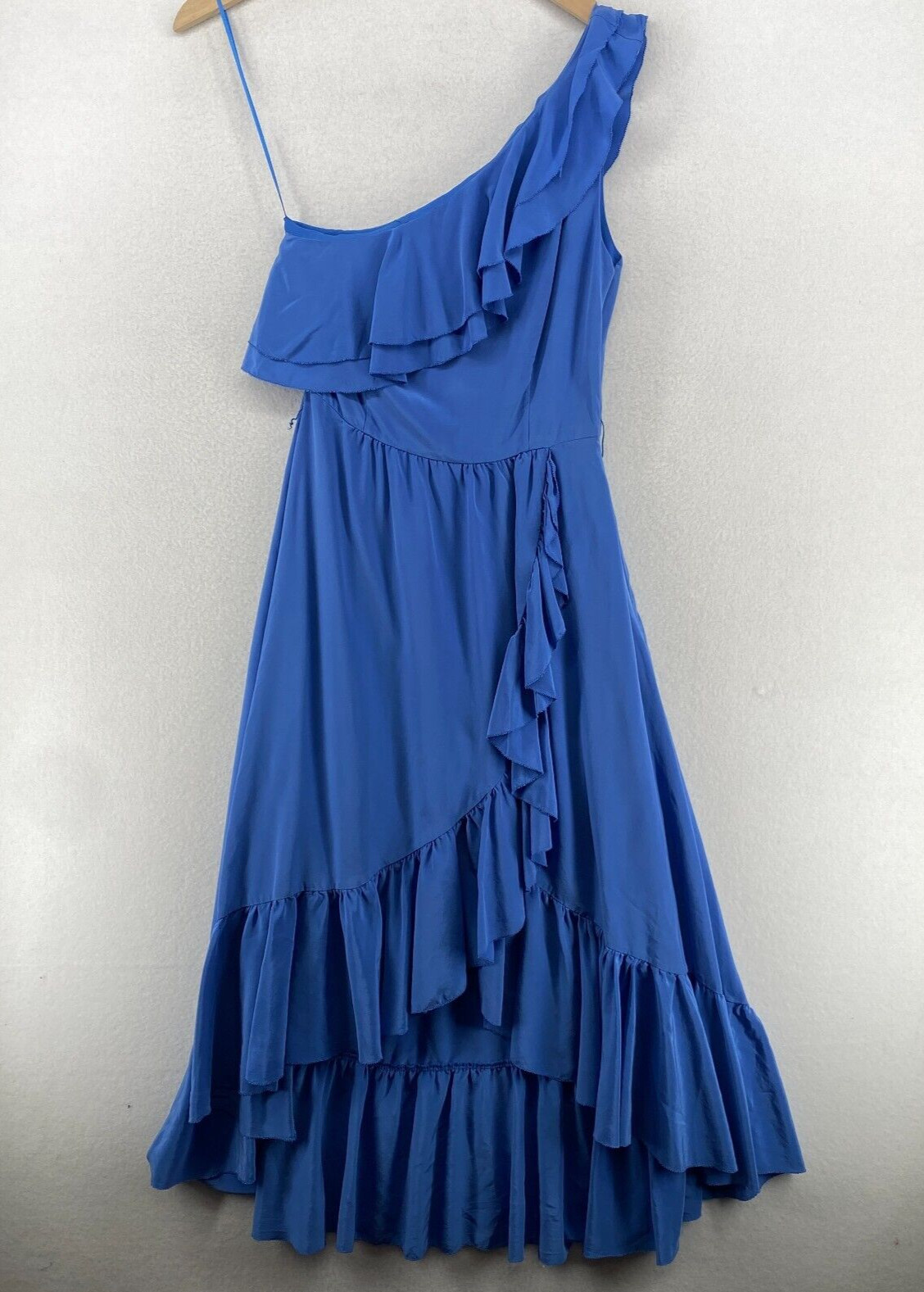 JOIE Dress XS Silk Crepe One Shoulder Faux Wrap Knee Length Ruffle Trim Blue