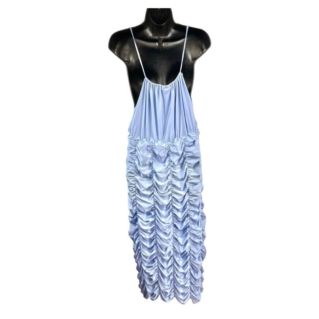 Ester Manas Periwinkle One Size Spaghetti Straps Ruched Stretch Midi Dress OS