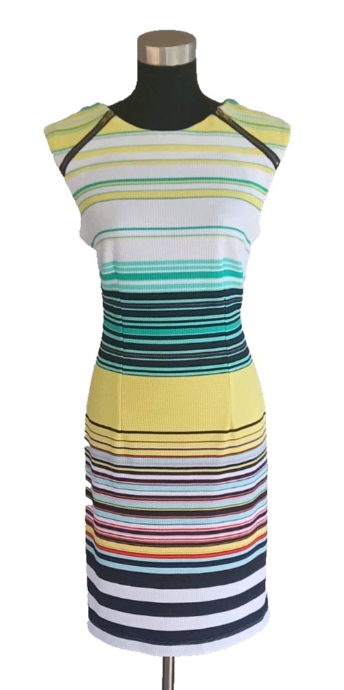 Karin Stevens Knit Dress Sz 10 White Red Pink Yellow Blue Green Black Sheath M