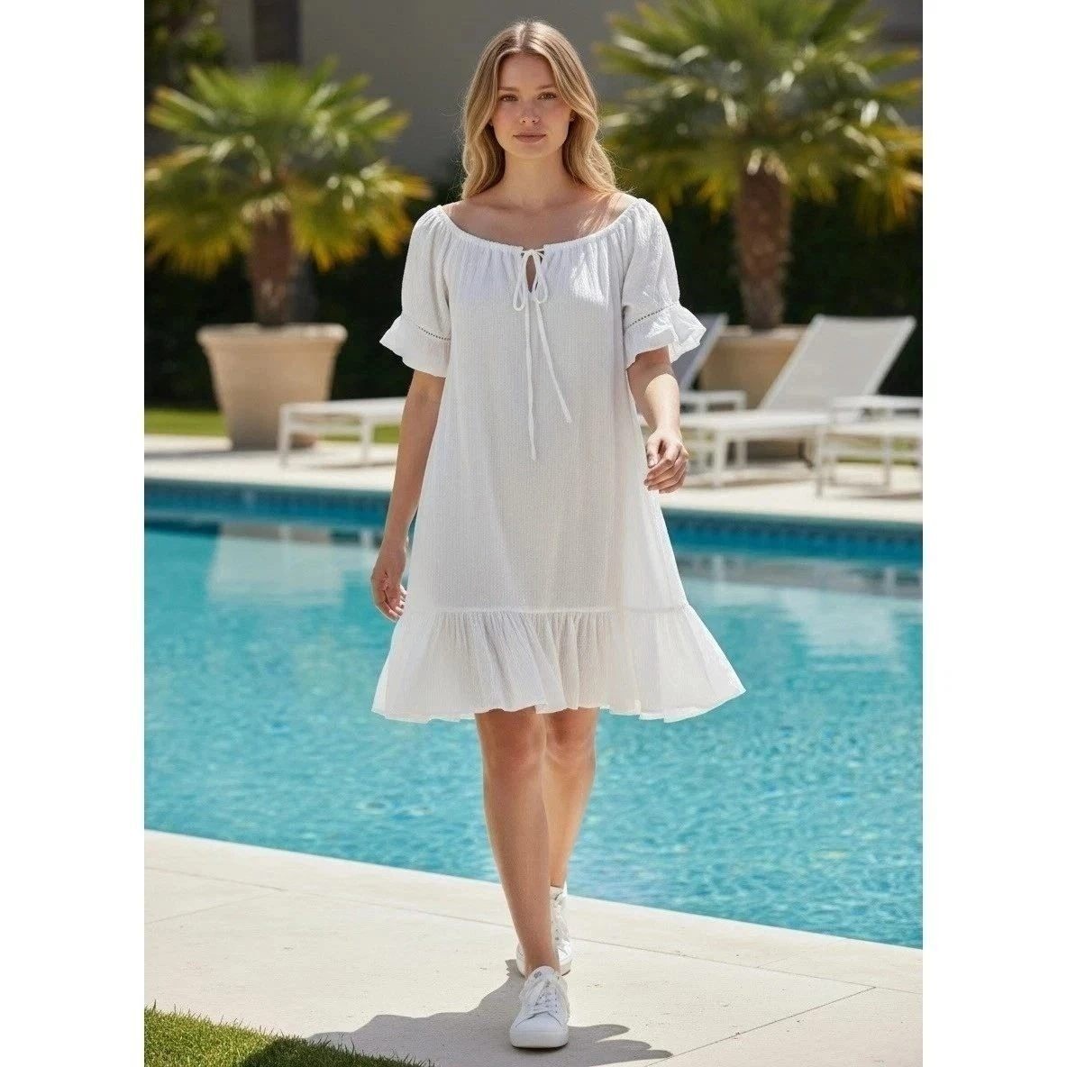 Draper James RSVP White Tunic Caftan Dress Size Large Bell Sleeve Ruffle Hem NWT