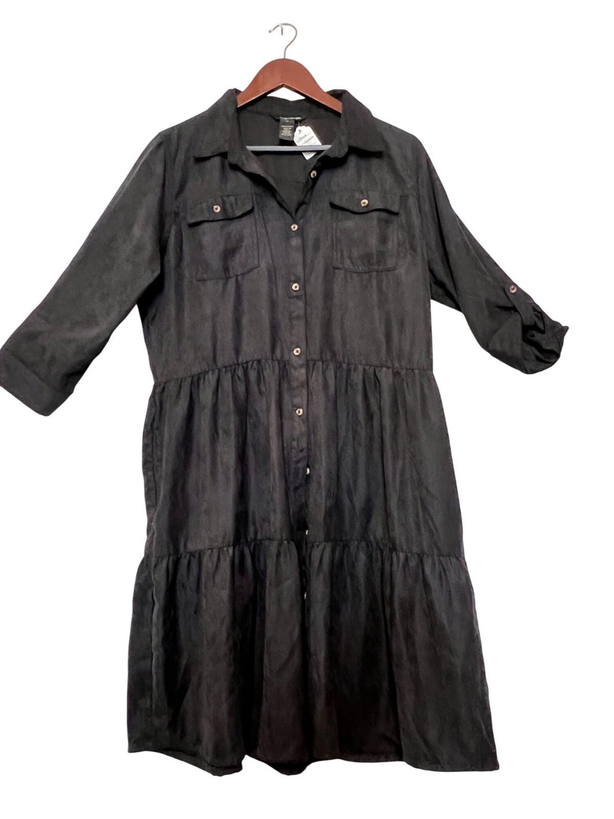 XL Black Midi Button-Up Dress Rolled Sleeves Pockets Millennium Casual Boho