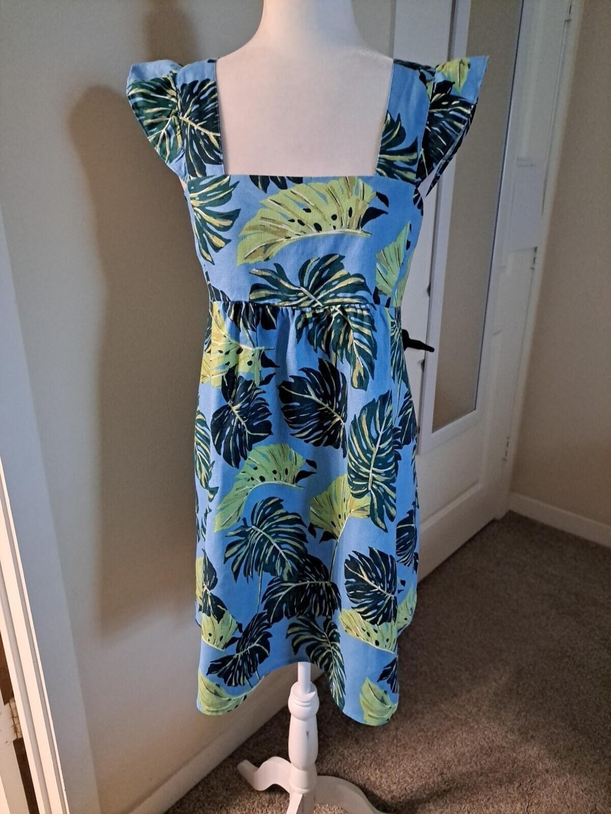 Draper James Size S Babydoll Dress Green/blue Leaf Linen EUC #140