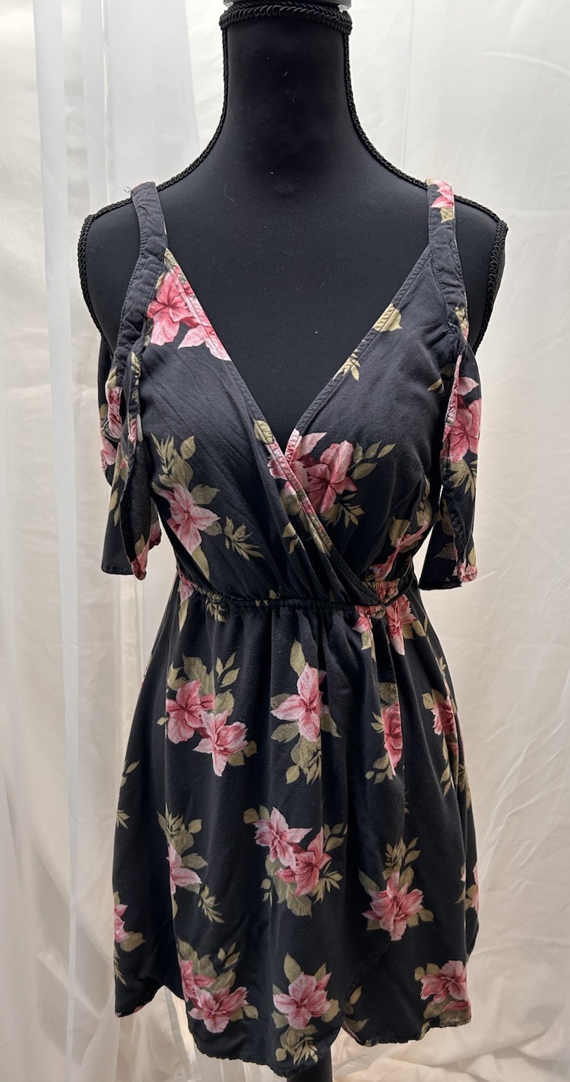 O’Neill Floral Wrap Dress Womens Small Black Pink Cold Shoulder Boho Mini