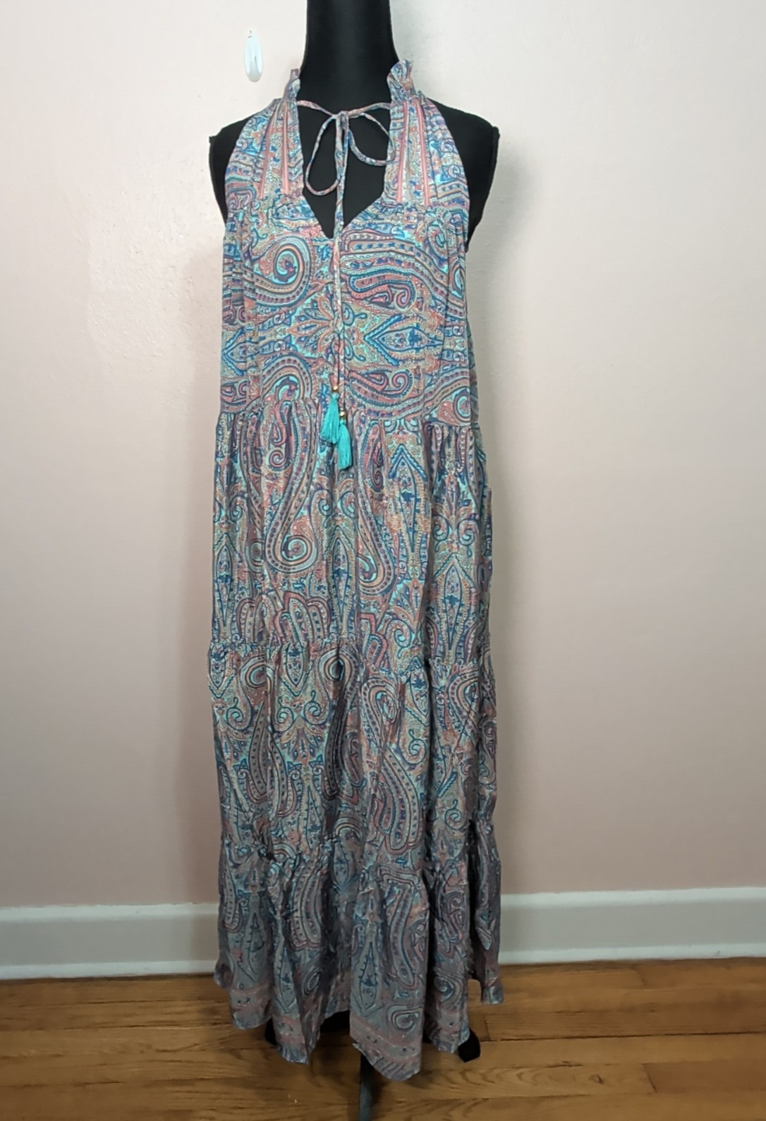 Rhea Women One Size Silk Blend Teal Pink Paisley Maxi Dress Boho Tiered Festival