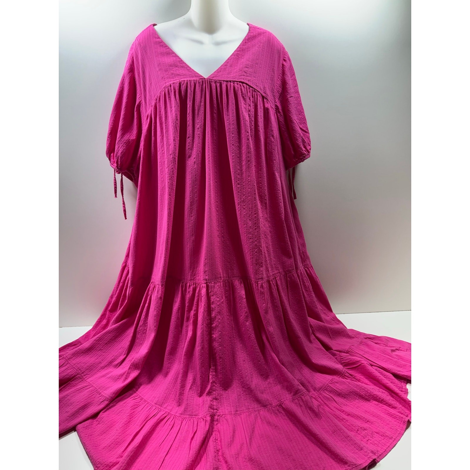 Terra & Sky Women’s Plus Sz 4X (28W-30W) Fushia Pink Midi Dress V Neck Tiered