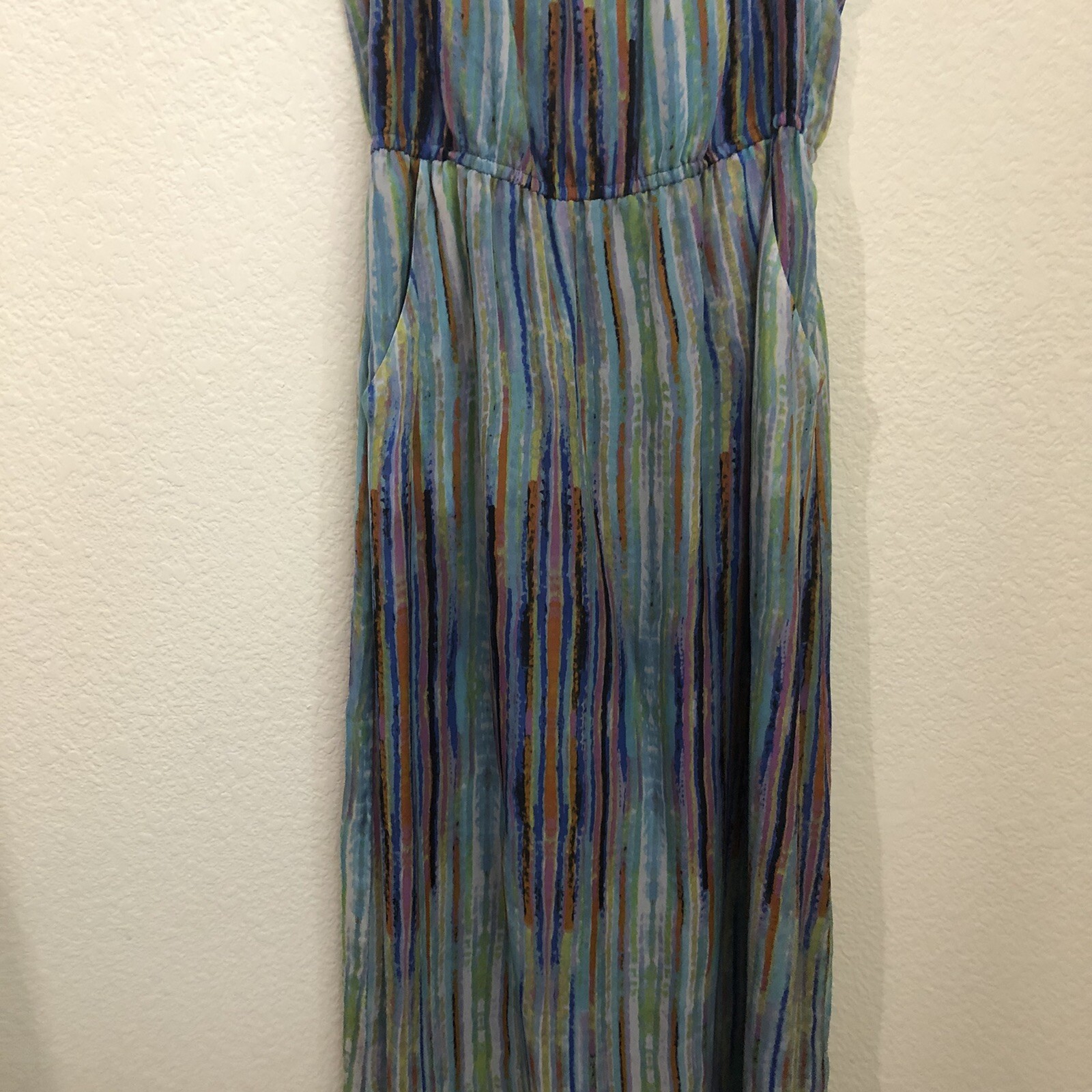 Presley Skye Small Long Maxi Dress Braided Spaghetti Strap Pockets Watercolor
