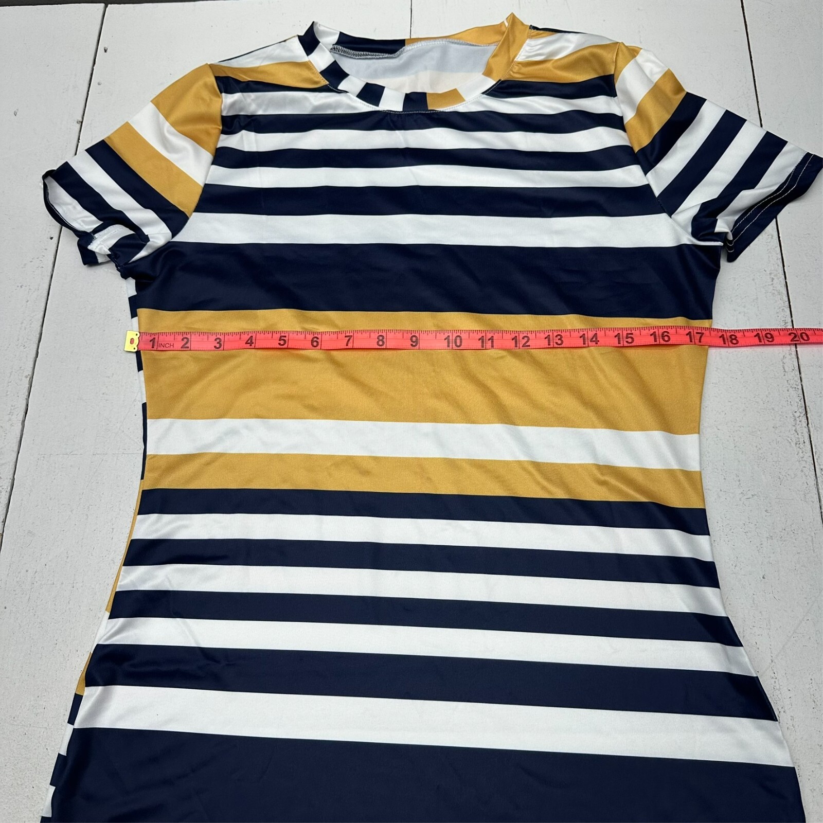 Yellow Blue White Stripe Print Short Sleeve Crew Neck Long Dress Womens Size L