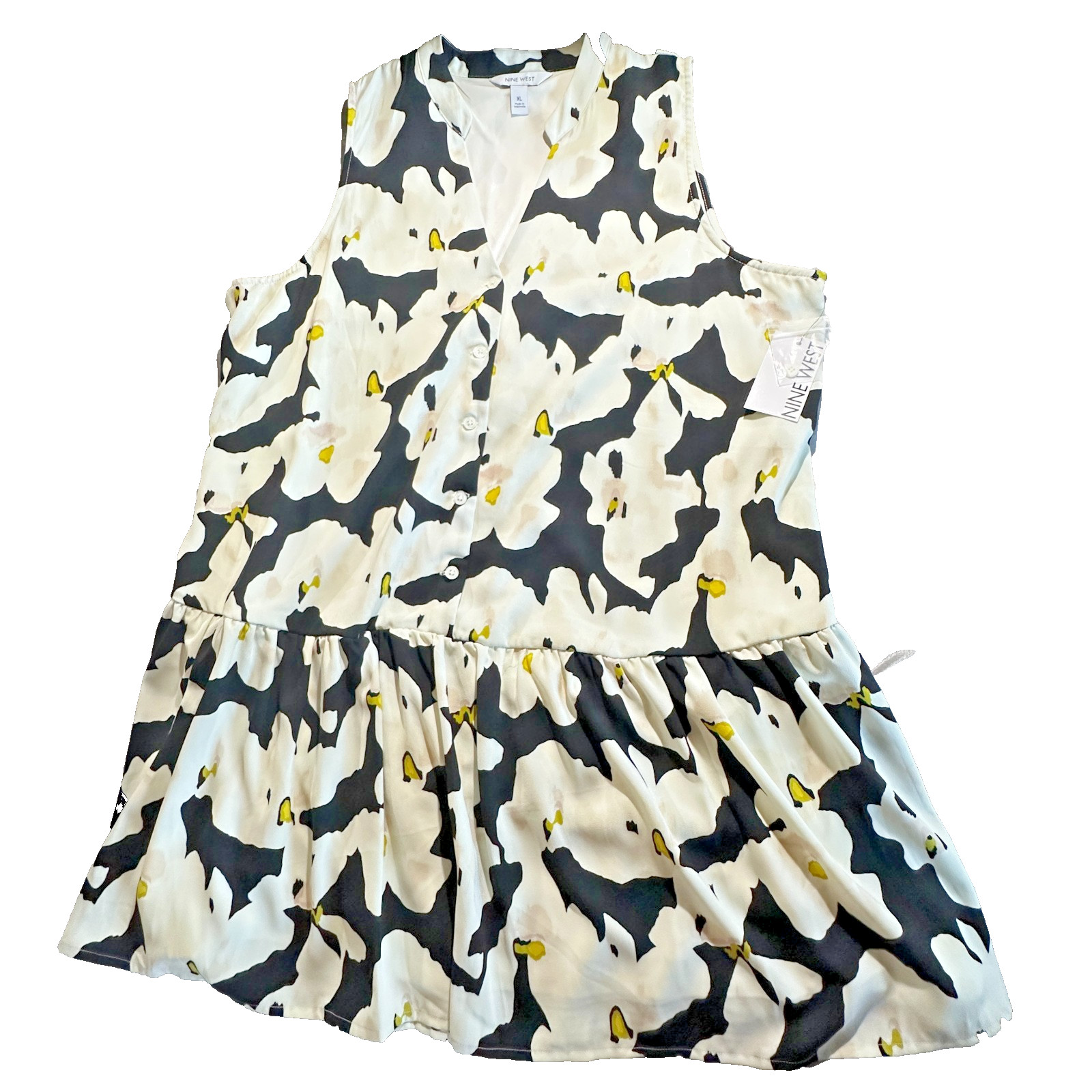 NWT Nine West Beautiful Button Front Sleeveless Ruffle Hem Black Floral Dress XL
