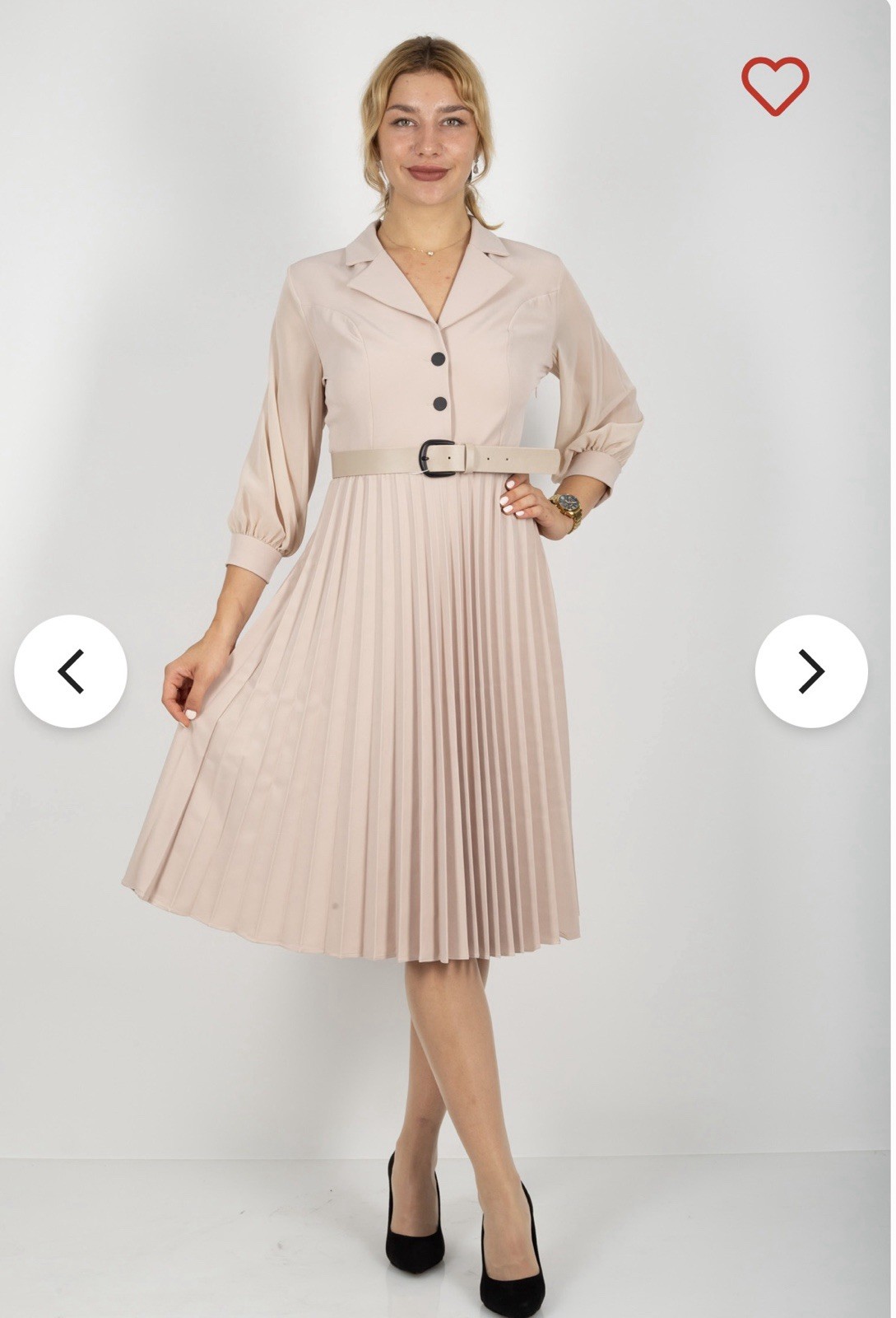 Venture Beige Shirt Dress M Midi Collared 3/4 Puff Sleeve Pleated Belted