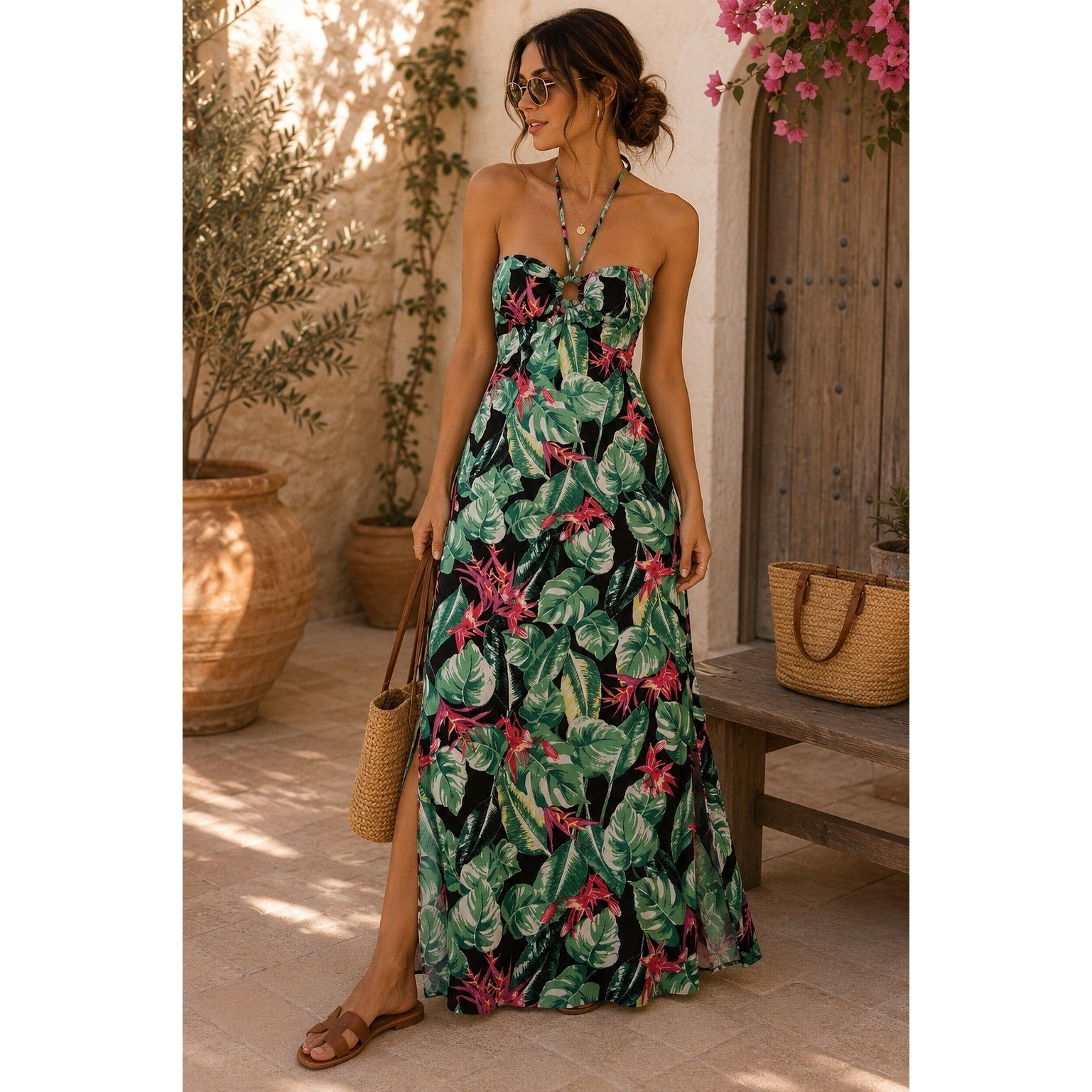 No Boundaries Tropical Palm Halter Maxi Dress XS Black Green Pink Floral NWT