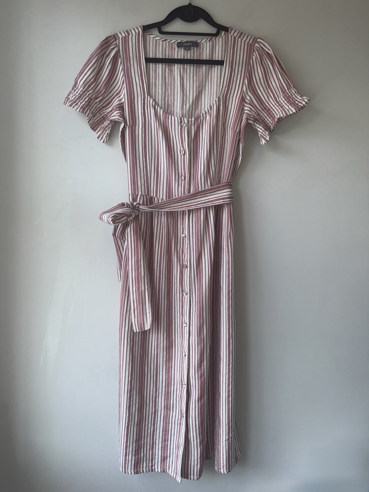 Studio Pink & White Striped Cotton Midi Dress Size UK 10 Button Front Tie Waist