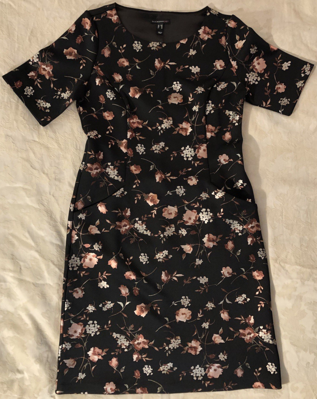 Isaac Mizrahi Tall Dress Short Sleeve Black Floral w/Rose Gold & Silver Sz XST