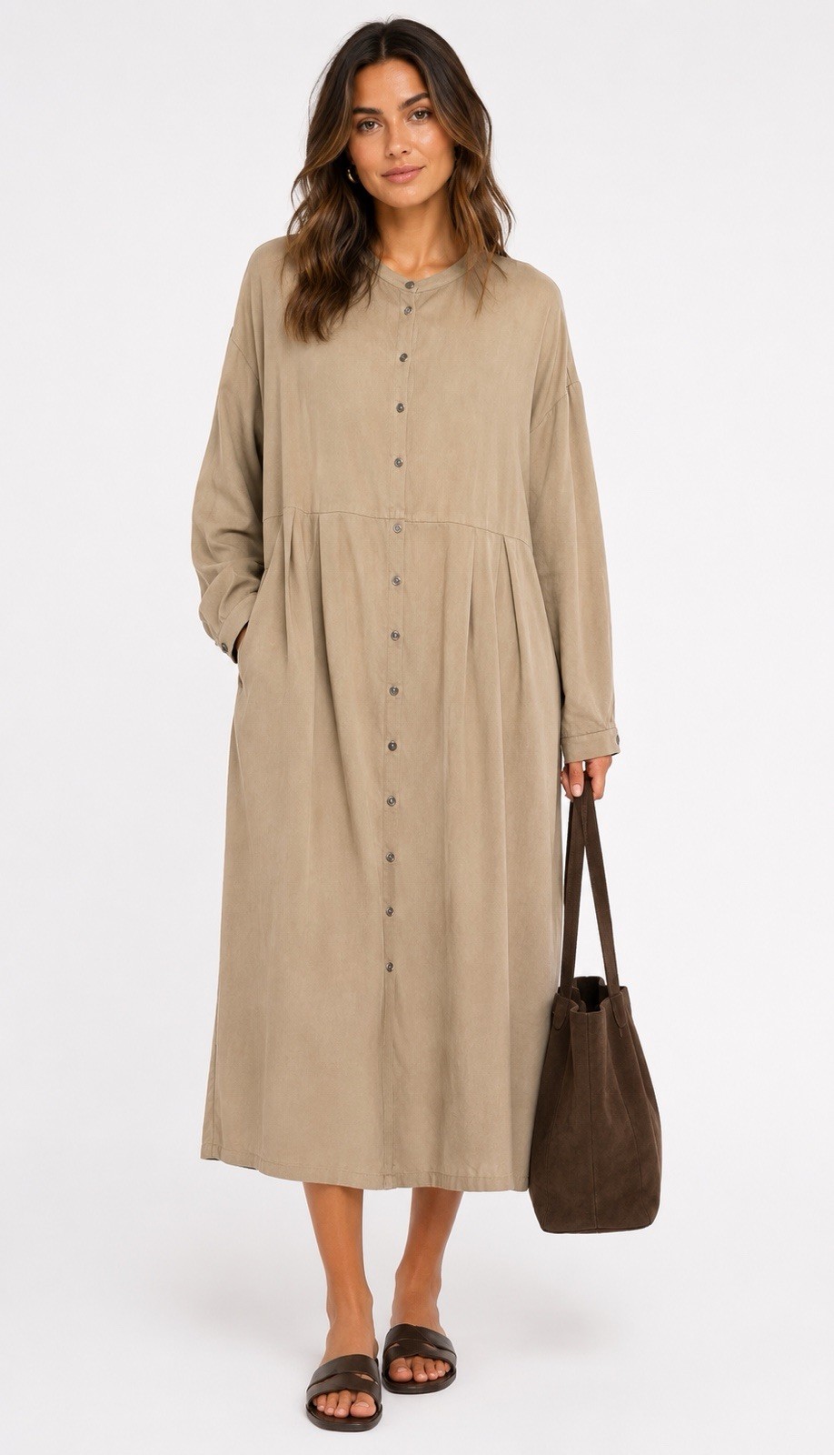 EILEEN FISHER Tan Khaki Twill Tencel Cotton Button-Up Shirt Maxi Dress M = 10/12