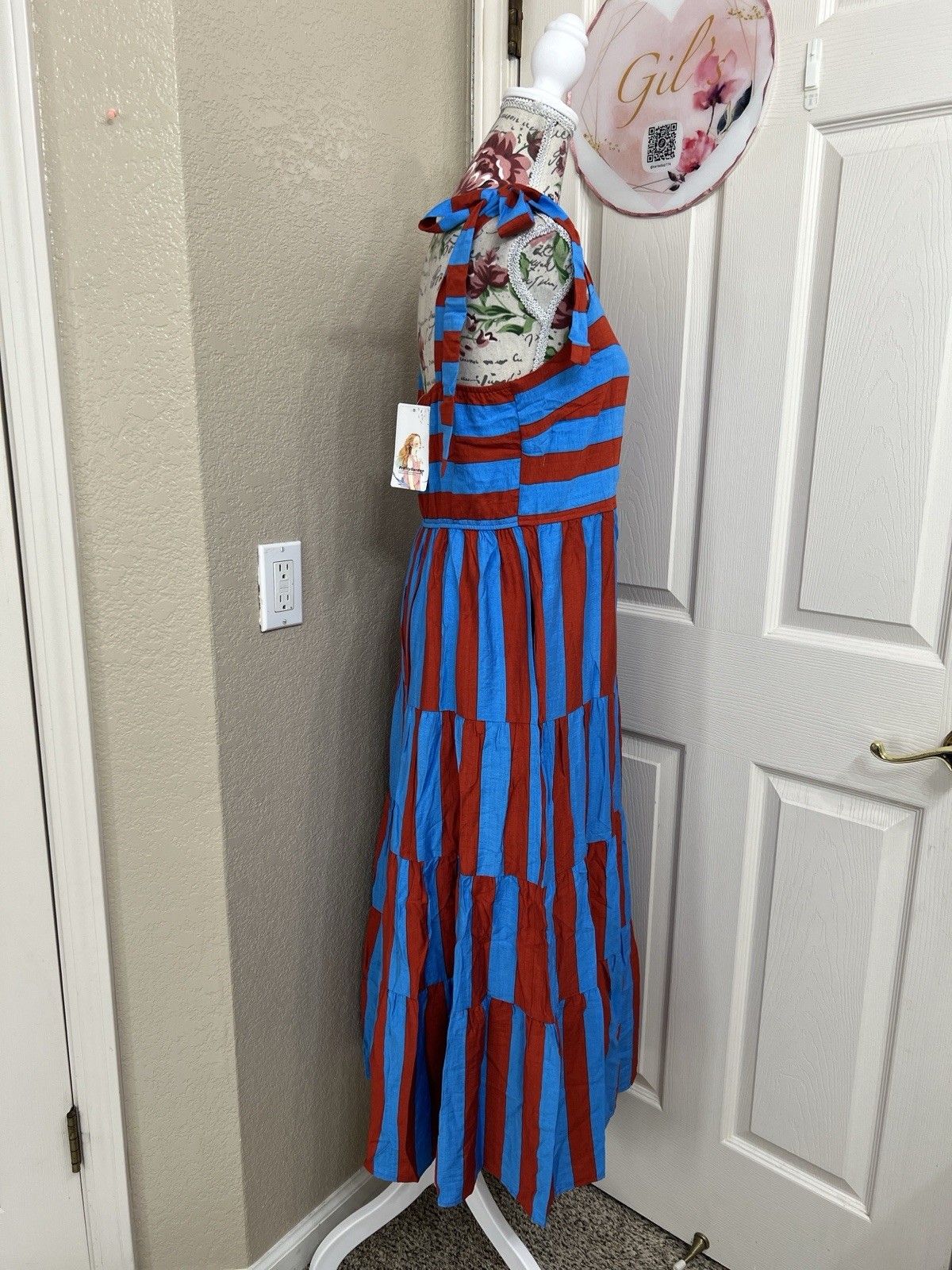 PrettyGarden Striped Tie-Shoulder Maxi Dress In Blue & Red Size Small NWT