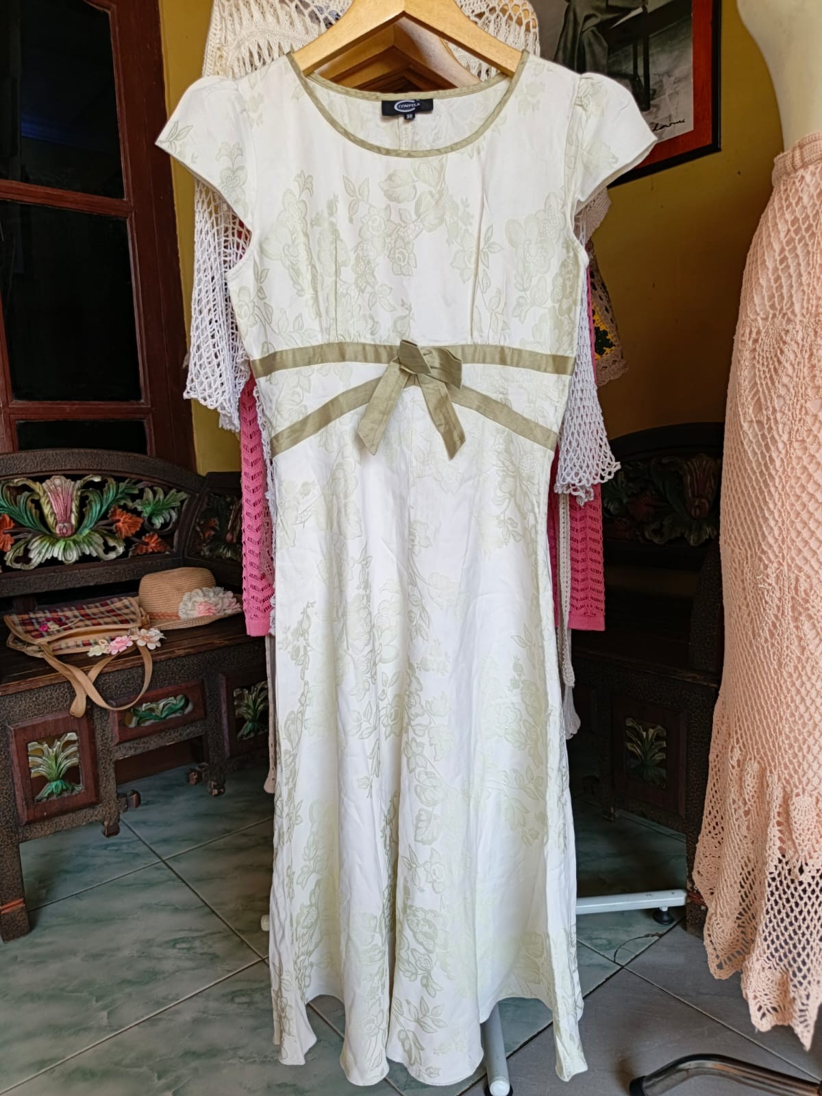 Vintage COMPELA Floral Jacquard Midi Dress Sage Green Bow Accent Flare Line