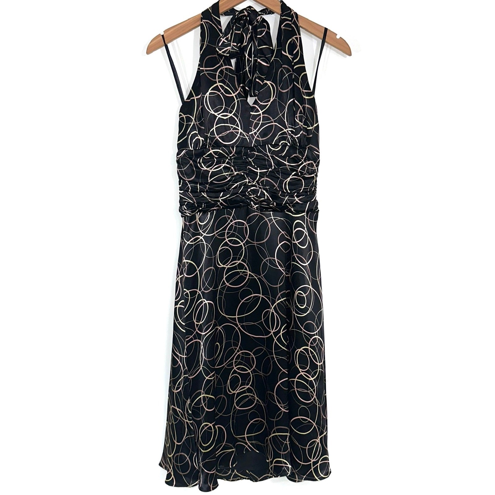 NWT Harold’s 90s Y2K Deadstock Circle Pattern Satin Cocktail Halter Dress Size 8