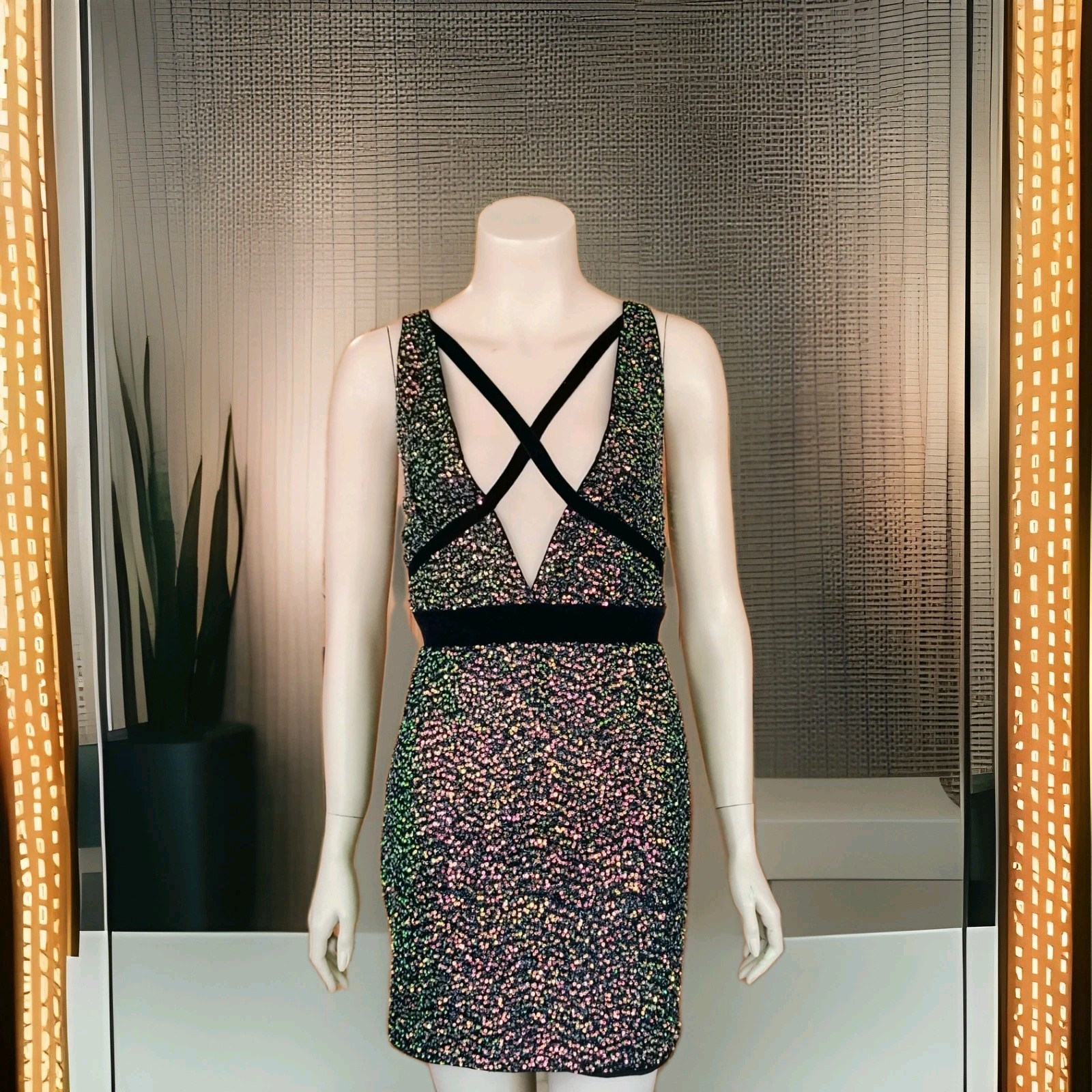 Double Crazy Bodycon Dress Sequin Multicolor Adjustable Spaghetti Strap Size M